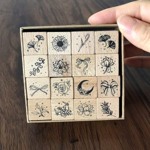 16Pcs Wooden Mounted Rubber Stamps Wood Rubber Stamp Set for Art and Craft DIY Card Making Scrapbooking
